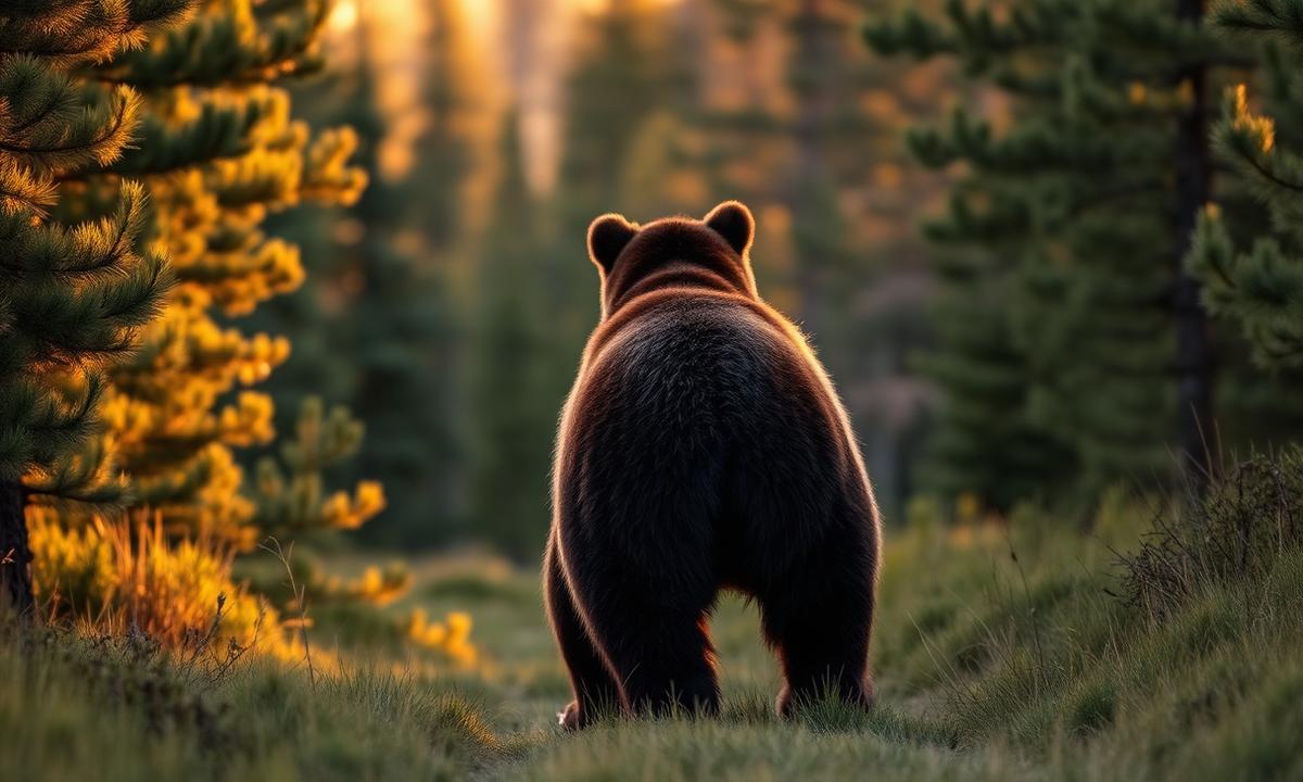 Grizzly bear walking into a forest at golden hour