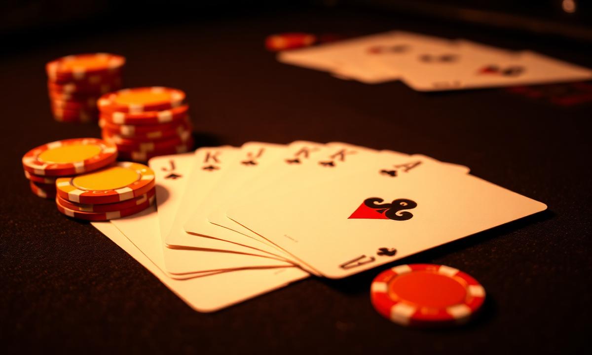 Playing cards and casino chips on a felt table