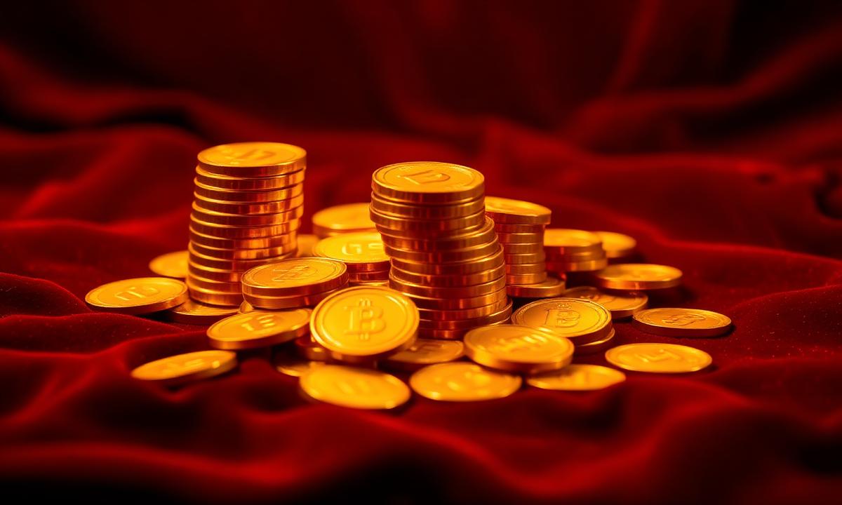 Stacks of golden coins on red velvet